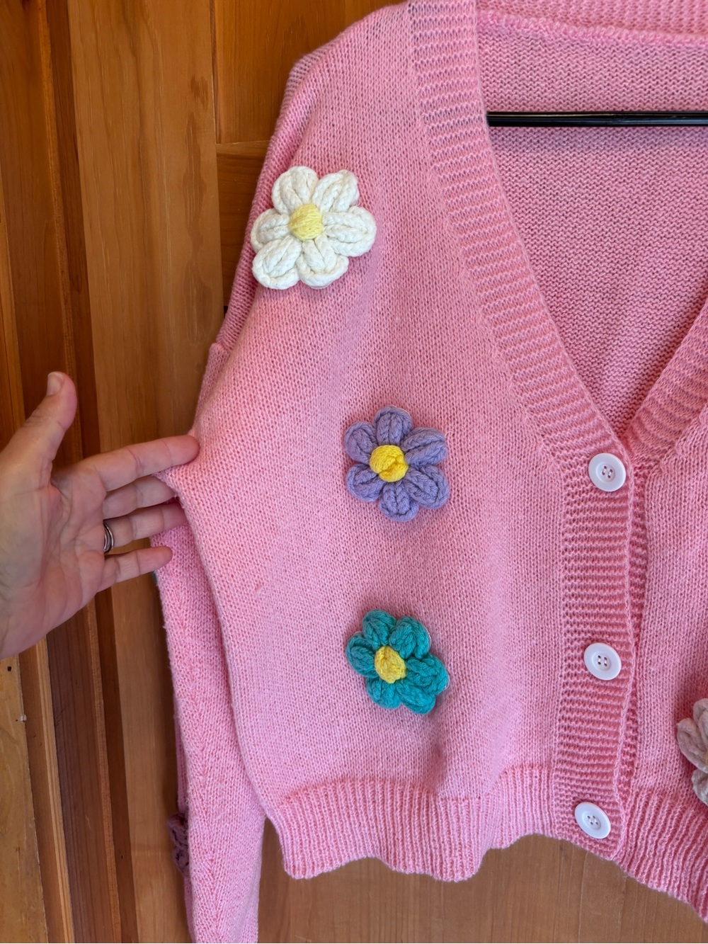 Handmade Pink Knit Flower Cardigan Sweater Cottagecore Y2K Coquette - Picture 2 of 10